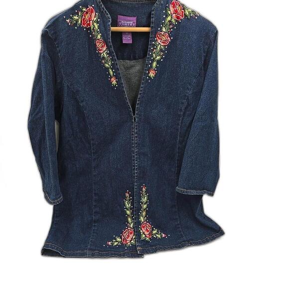 Suzanne Somers Collection Embroidered Floral Rhinestone Jean Jacket Size M - Picture 1 of 12